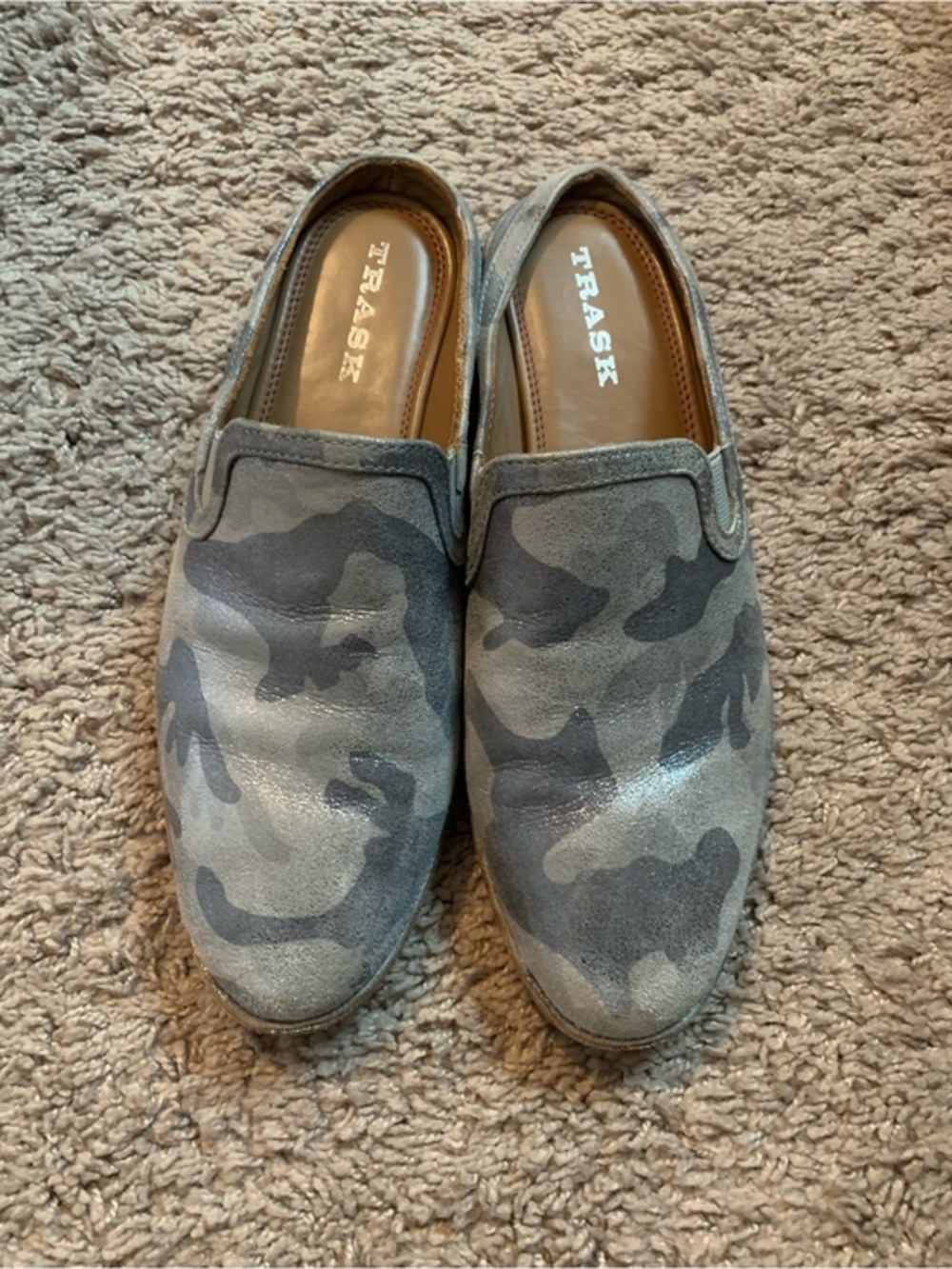 Trask Silver Metallic Gray Camo Suede Slip-On Loafers Mules